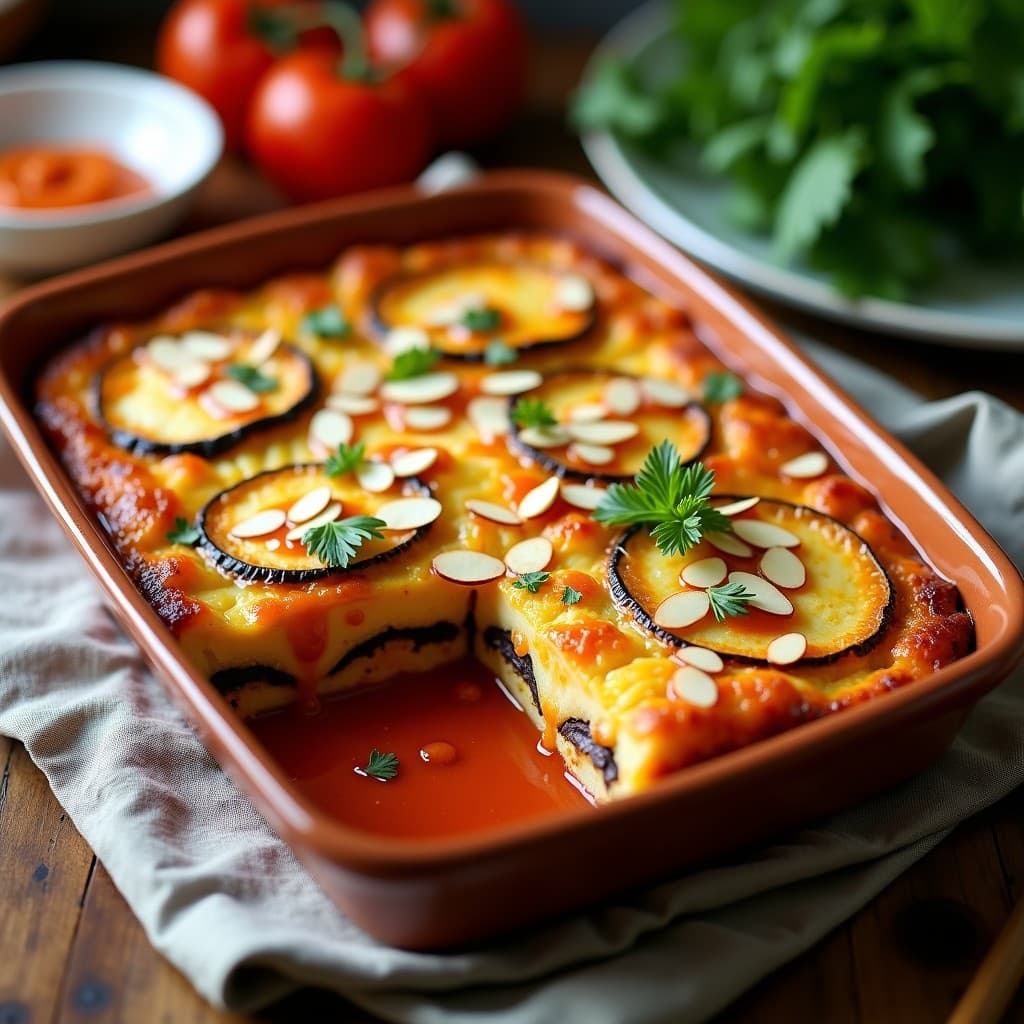 Pastel de Berenjena y Queso Halloumi: Receta Griega Keto con Salsa de Pimentón Ahumado