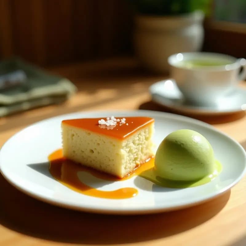 Pastel de Caramelo Salado con Helado de Matcha: Postre Japonés Fusion