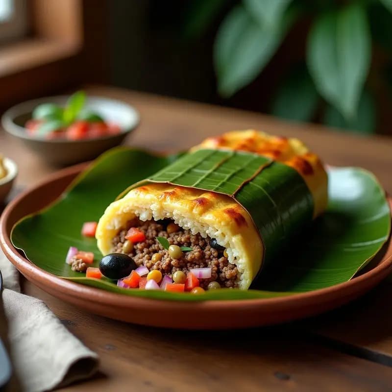 Pastel de Carnes Colombiano: Hoja de Plátano con Relleno de Carne y Arroz