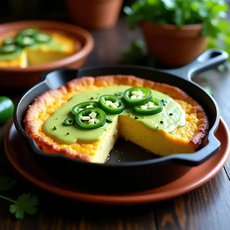 Pastel de Elote y Queso Oaxaca: Desayuno Mexicano con Jalapeños y Crema de Aguacate