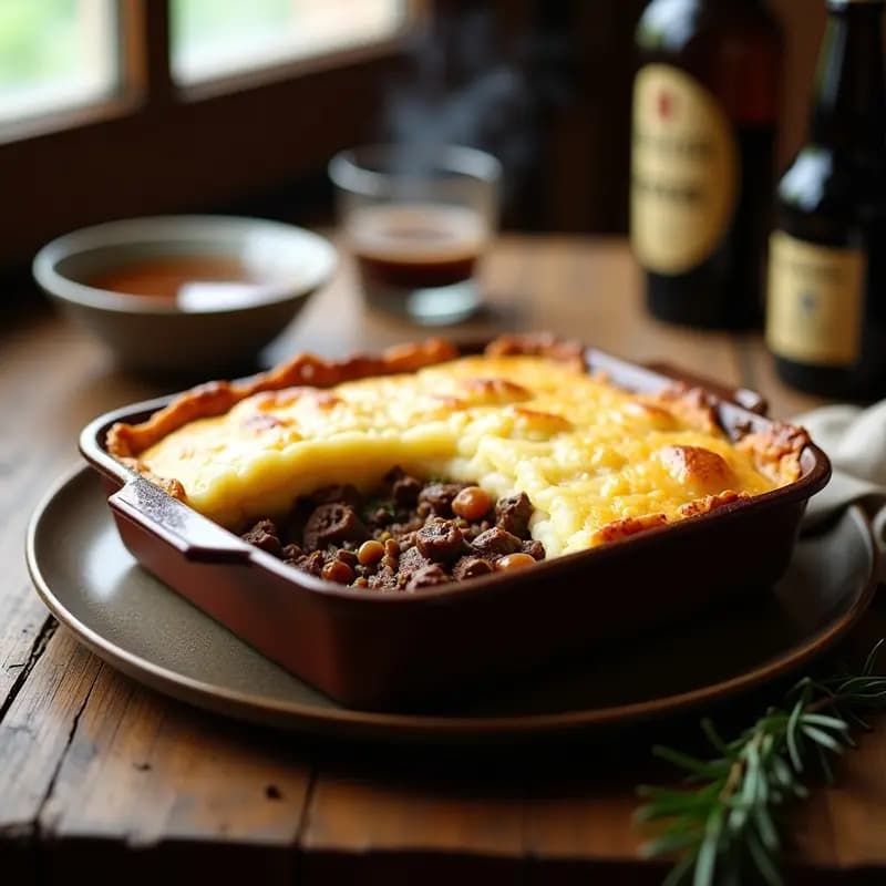 Pastel de Papa y Carne de Res con Salsa de Cerveza Negra: Receta Británica Reconstitutiva