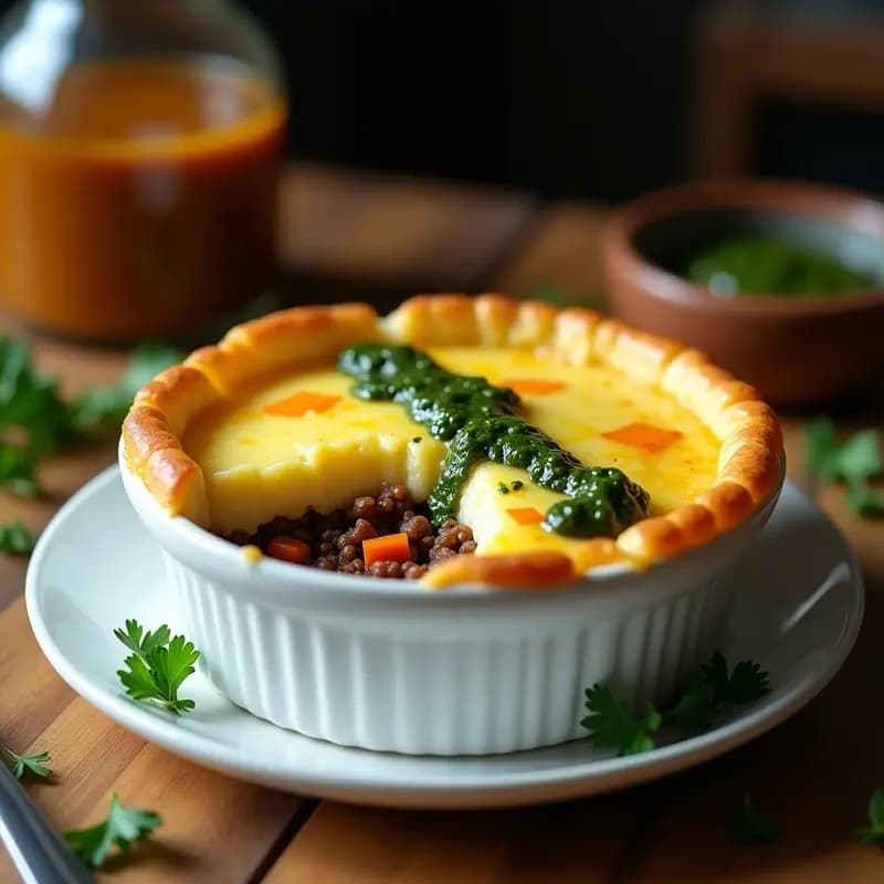 Pastel de Papa y Carne Picada con Salsa de Chimichurri: Receta Irlandesa-Argentina Reconfortante