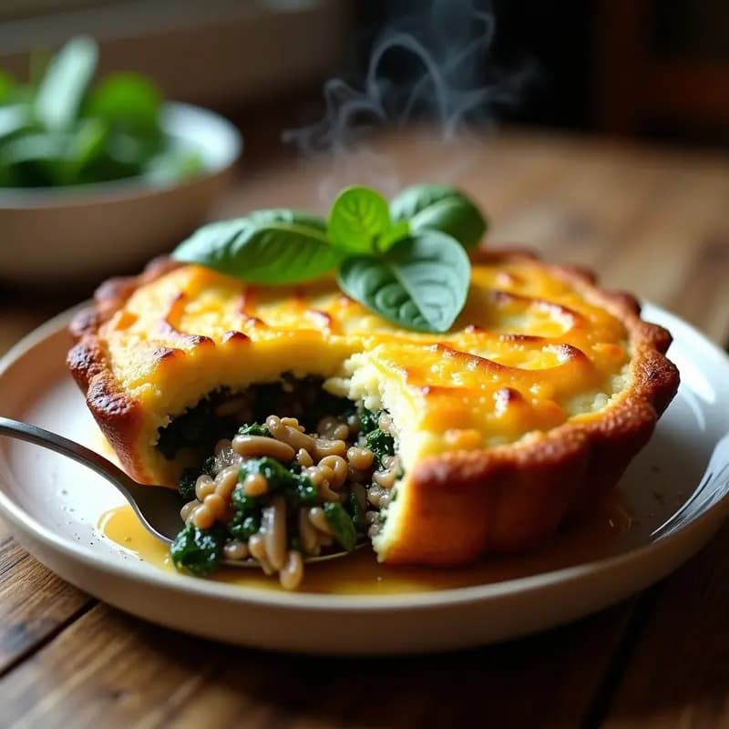 Pastel de Papa con Relleno de Hongos Portobello y Espinacas: Receta Británica Vegana