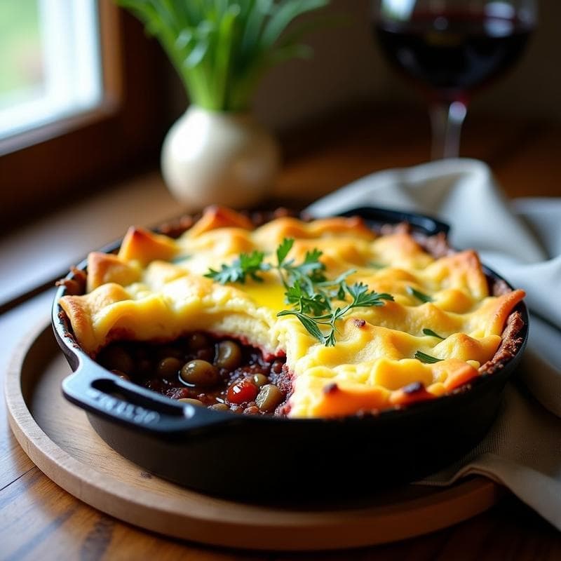 Pastel de Papa con Hongos Portobello y Salsa de Vino Tinto: Receta Argentina Vegana