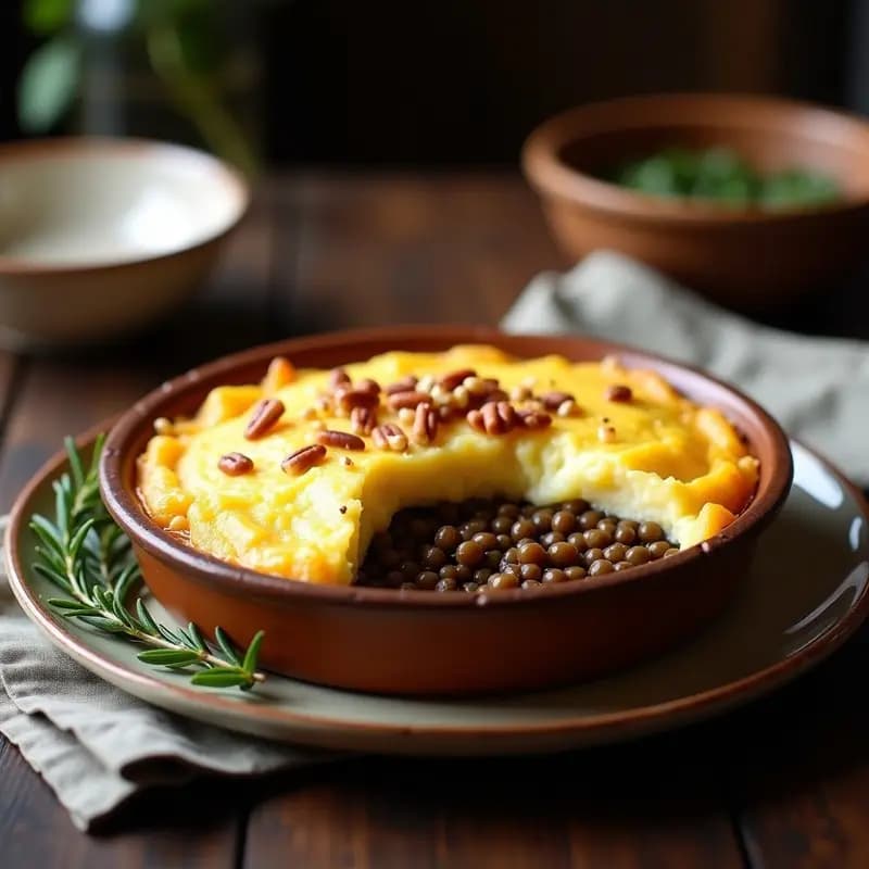 Pastel de Papa al Estilo Shephard con Lentejas Beluga: Receta Británica Sin Carne en Horno
