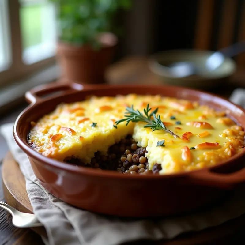 Pastel de Papa Shepperd’s Pie con Lentejas Beluga: Versión Británica Vegana y Sin Lactosa
