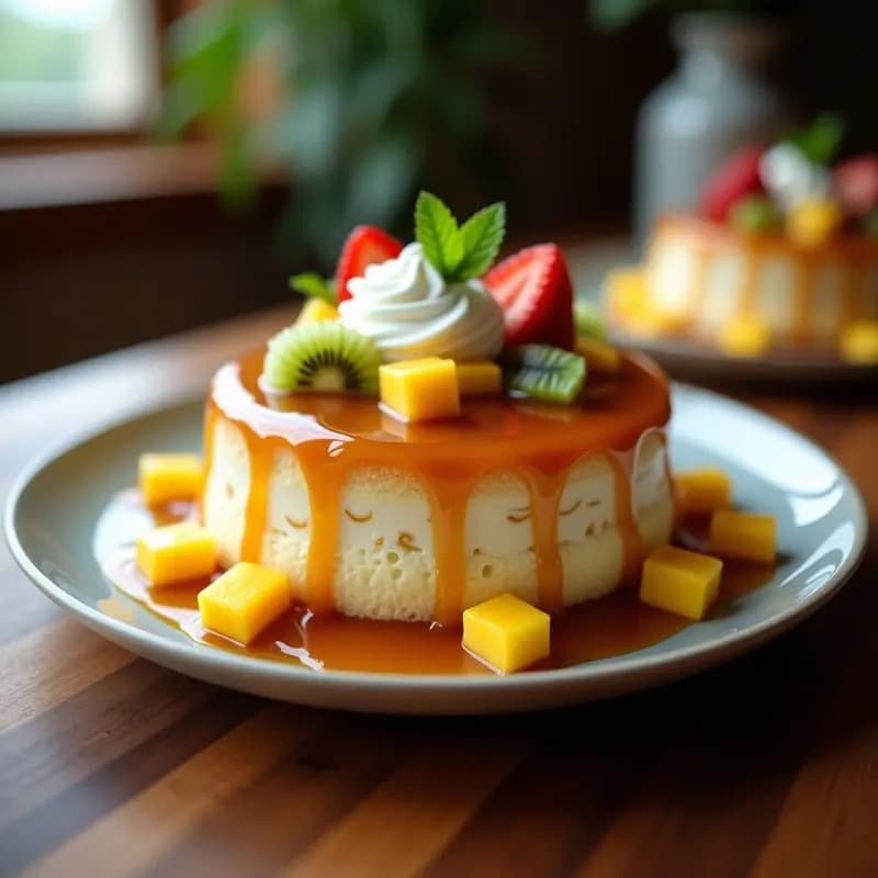 Pastel de Tres Leches con Salsa de Caramelo y Frutas: Postre Latinoamericano Sin Horno
