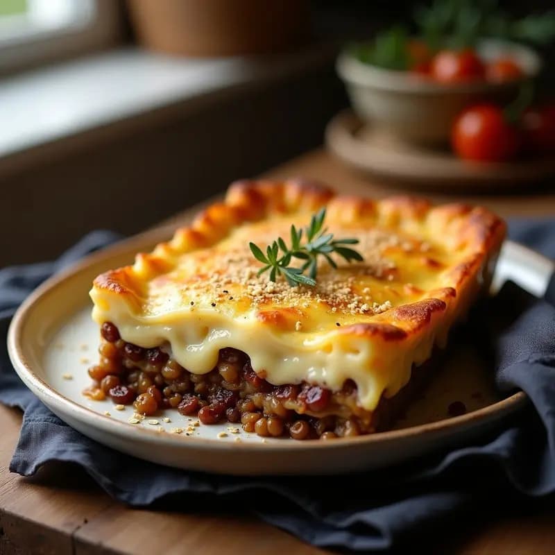Pastitsio Griego con Lentejas y Bechamel de Avena: Versión Vegana y sin Lácteos