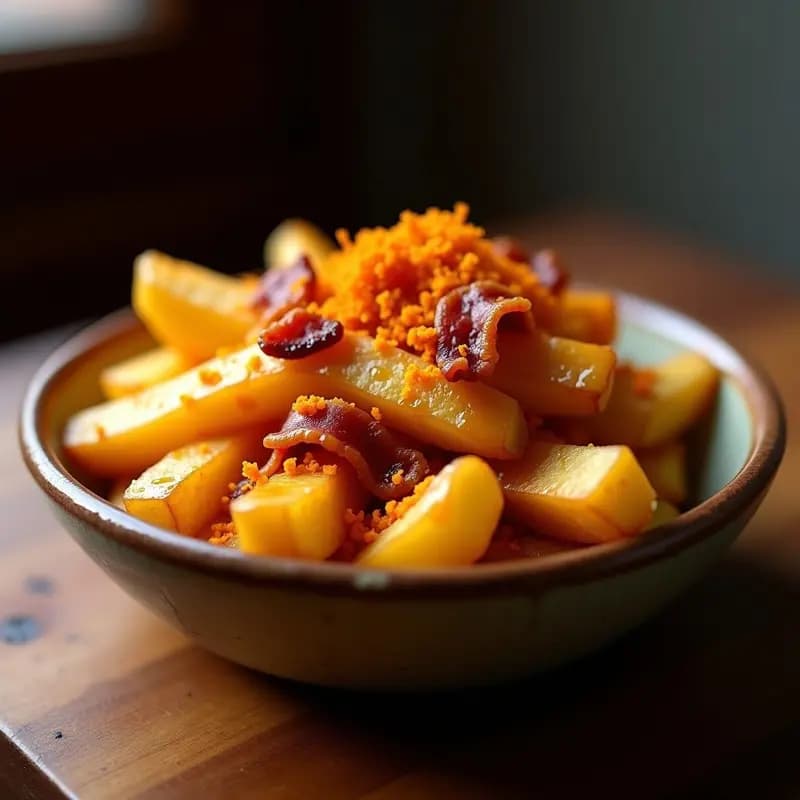Patatas Fritas con Caramelo Líquido, Queso en Polvo y Trozos de Tocino: Snack Dulce-Salado que Enamora