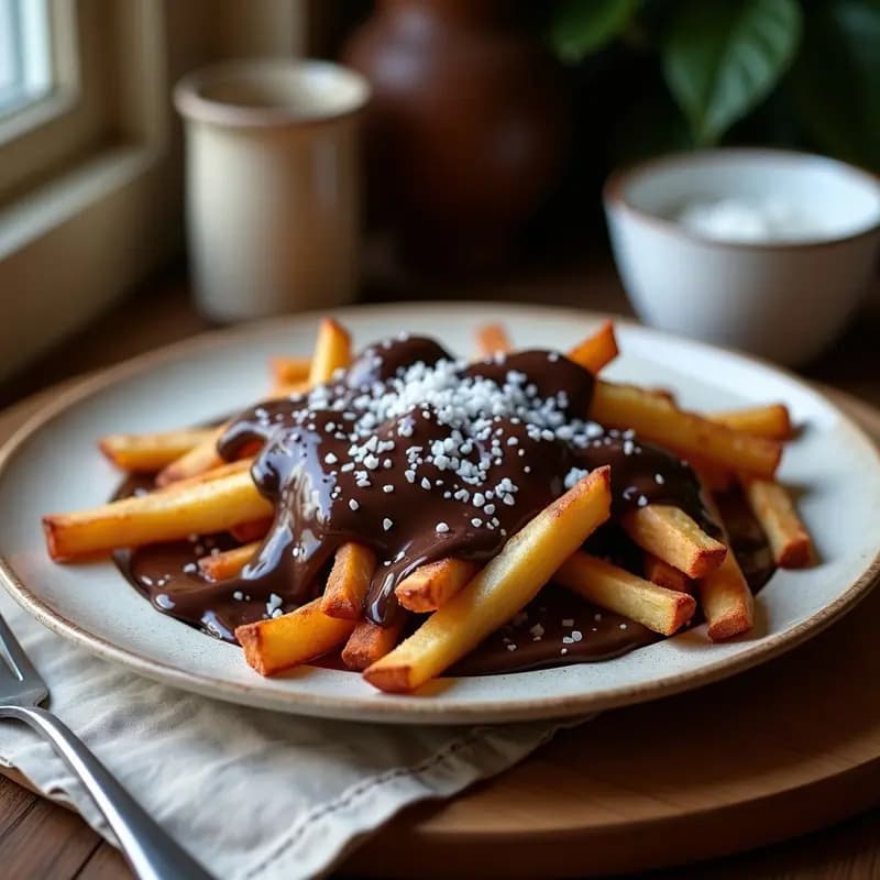 Patatas Fritas Bañadas en Chocolate Negro y Sal Marina con Topping de Virutas de Coco