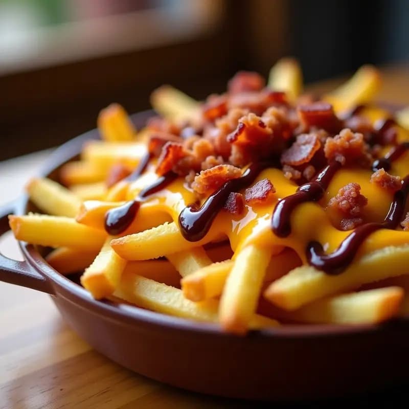 Dancing Fries: Patatas Fritas Bañadas en Queso Cheddar, Bacon y Salsa Barbacoa