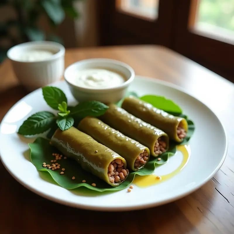 Pate Chino de Hojas de Parra: Rollitos de Carne y Arroz con Salsa de Yogur y Menta