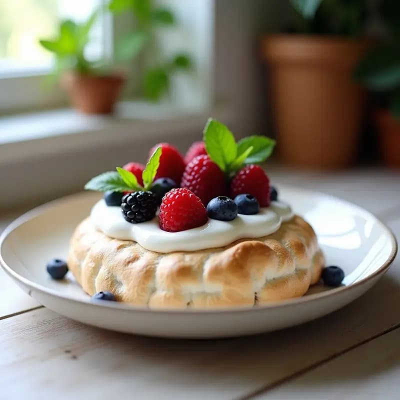 Pavlova Australiana con Merengue Crujiente y Frutas del Bosque: Postre Sin Gluten y Bajo en Calorías