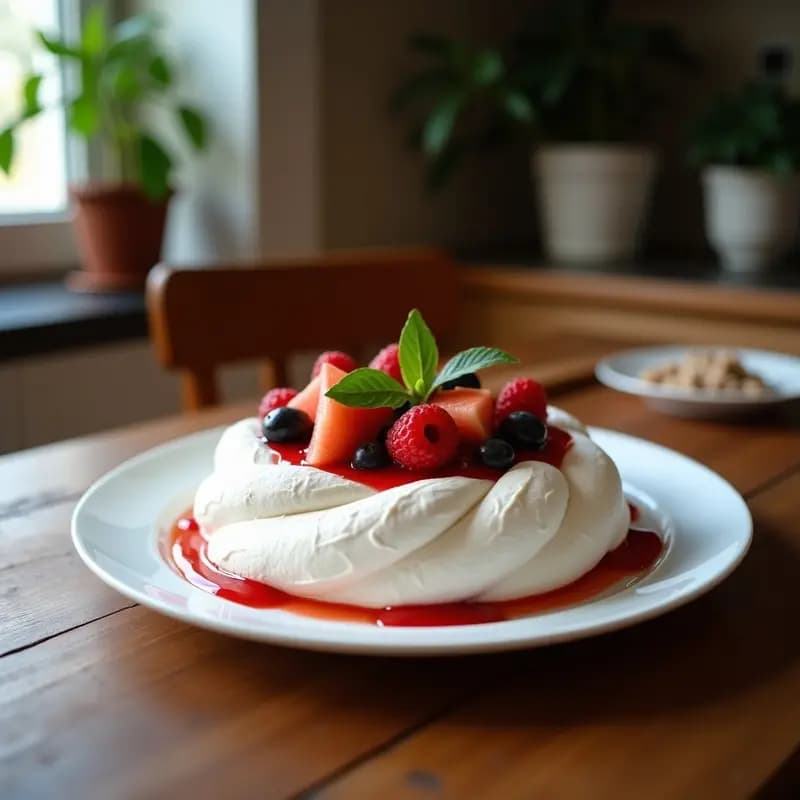 Pavlova Australiana con Mermelada de Frutos del Bosque: Postre Ligero y Elegante