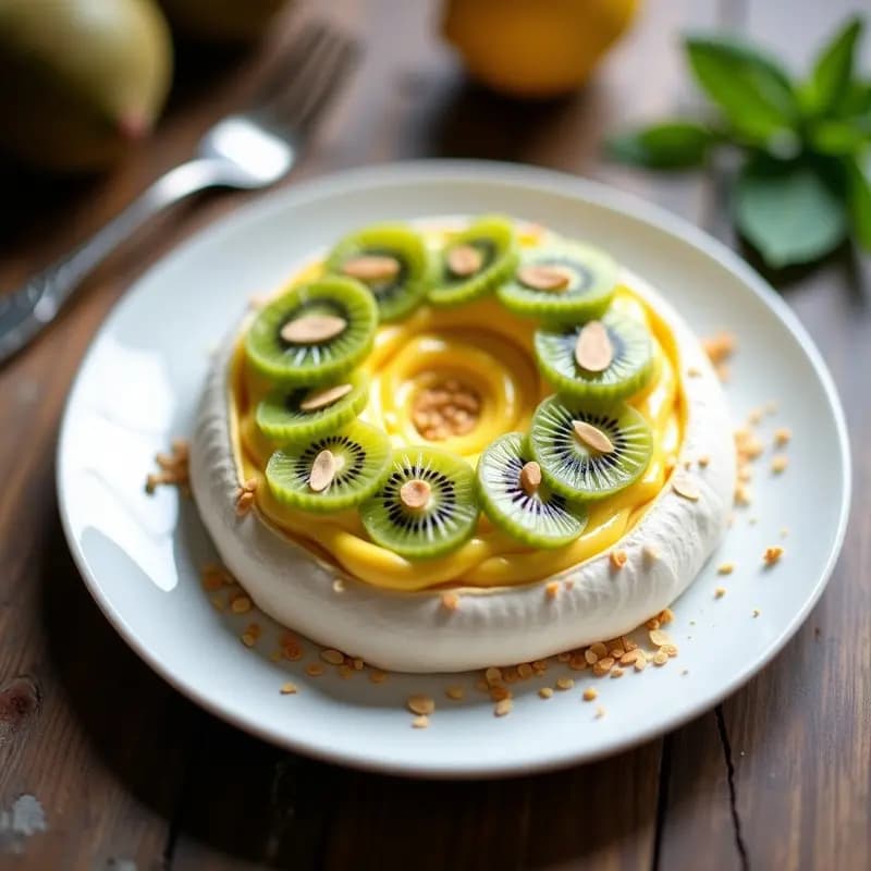 Pavlova Neozelandesa con Crema de Maracuyá y Kiwi: Postre Crujiente y Sin Lactosa