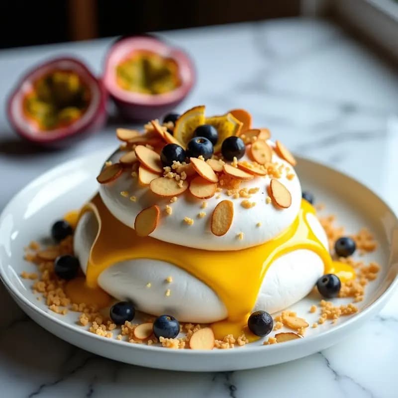 Pavlova de Fruta de la Pasión y Merengue de Aquafaba: Postre Australiano Vegano