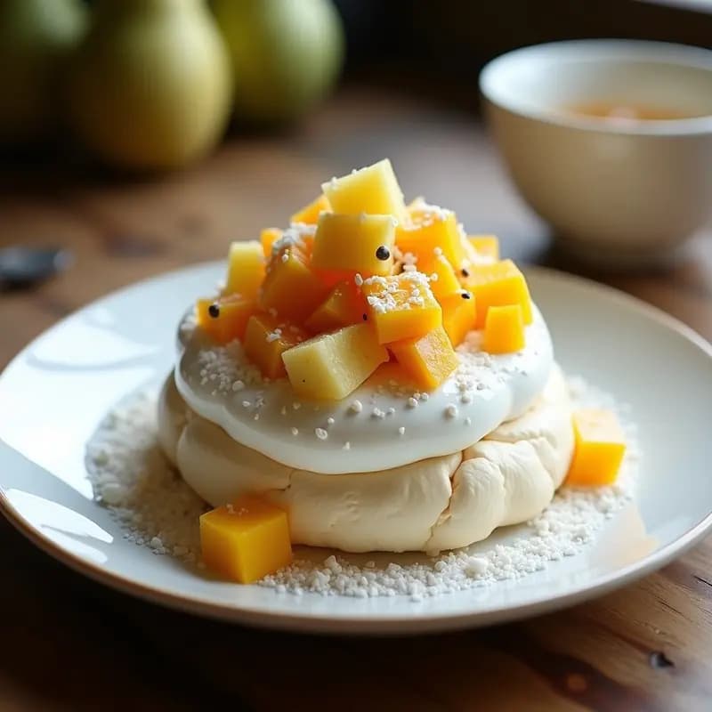 Pavlova de Frutas Tropicales y Meringue de Aquafaba: Postre Australiano Vegano