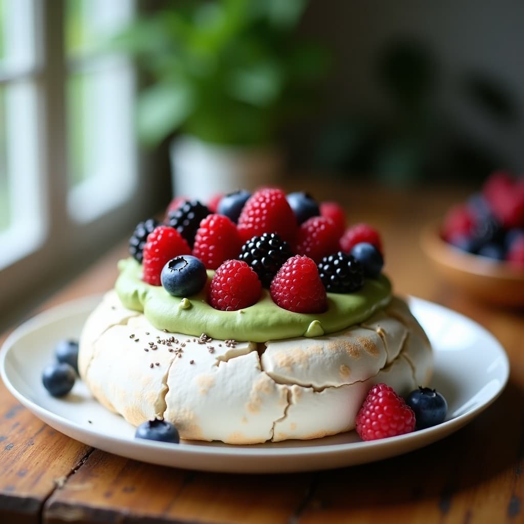Pavlova de Frutos del Bosque y Crema de Matcha: Postre Australiano Keto Sin Horno