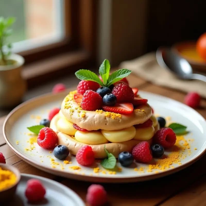Pavlova de Frutos Rojos y Cúrcuma: Postre Australiano Sin Gluten con Toque Especiado