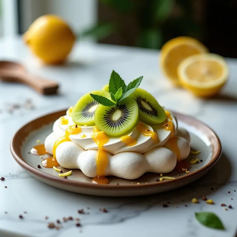 Pavlova de Kiwi y Limón Yuzu: Postre Australiano Crujiente y Sin Gluten