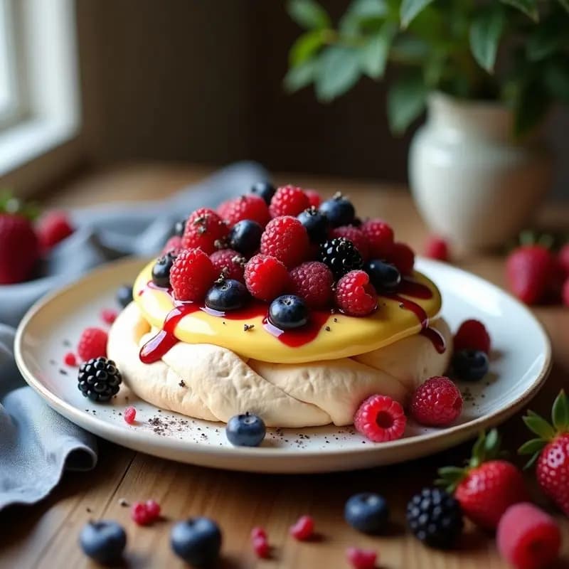 Pavlova de Lúcuma y Frutos Rojos: Postre Peruano-Australiano Sin Azúcar y Crujiente