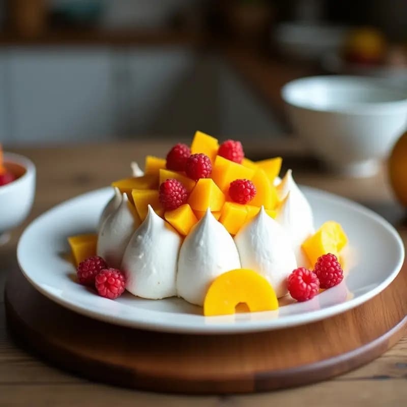 Pavlova de Mango y Coco: Merengue Australiano con Crema de Aquafaba y Frutos Tropicales