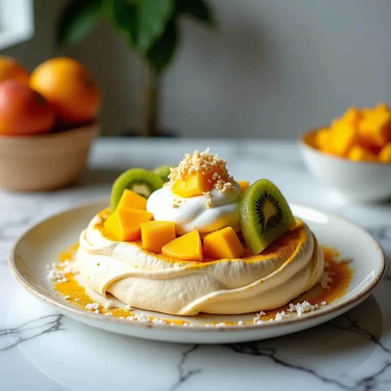 Pavlova Australiana de Merengue con Frutas Tropicales: Postre Sin Azúcar con Stevia y Cúrcuma