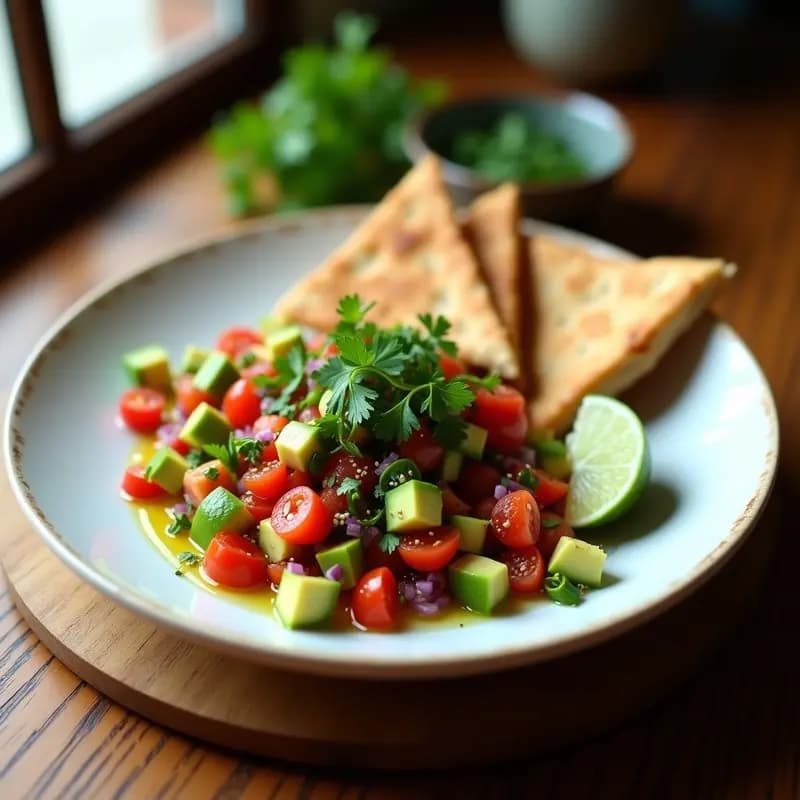Pebre Chileno de Cilantro, Tomate y Palta con Pan de Pita Integral: Aperitivo Fresco y Sin Cocción
