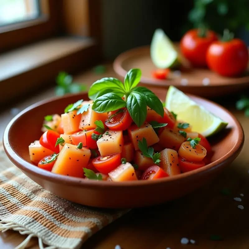 Pebre Chileno con Reineta y Merquén: Ensalada de Tomate Tradicional con Toque Picante
