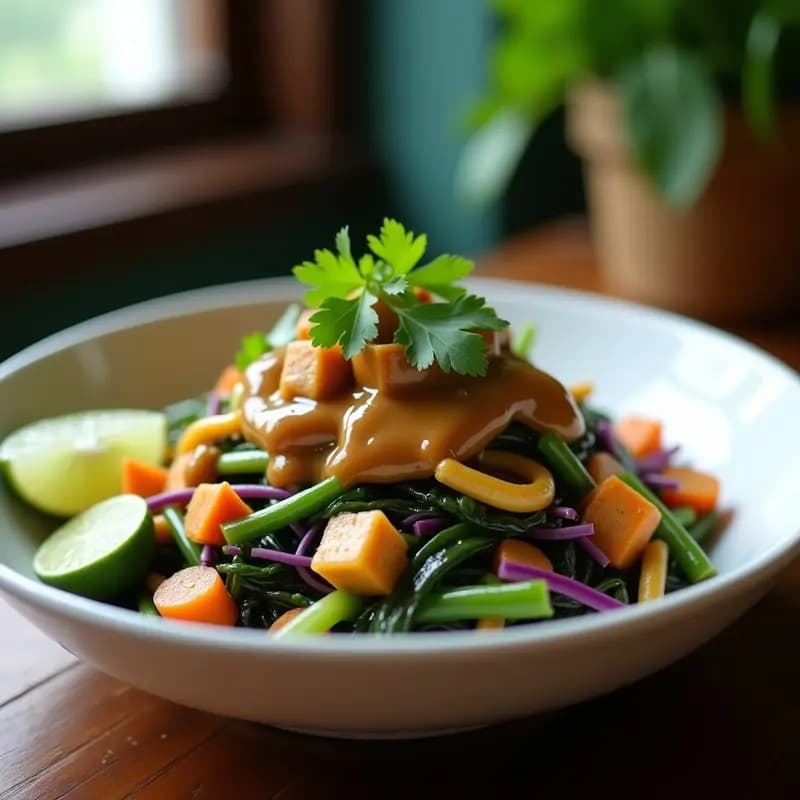 Pecel Indonésio con Salsa de Cacahuete y Verduras: Ensalada Tradicional Vegana