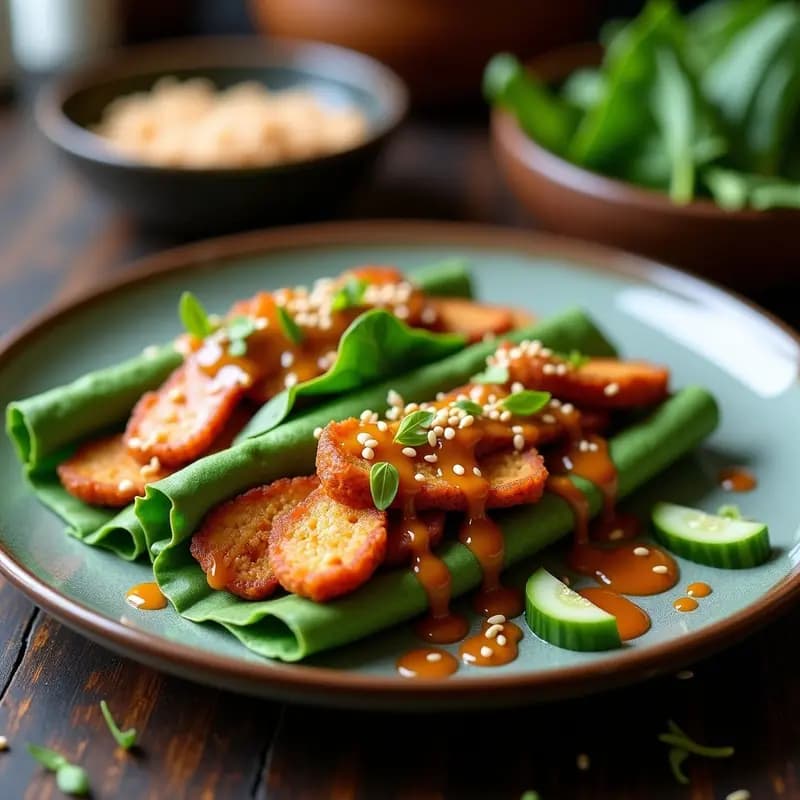 Peking Duck Vegano con Pancakes de Espinaca y Salsa Hoisin: Receta China Fusion Sin Gluten