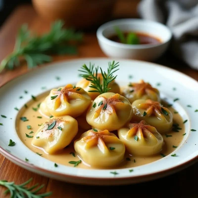 Pelmeni Rusos de Chucrut y Champiñones: Dumplings Veganos con Salsa de Ajo y Eneldo