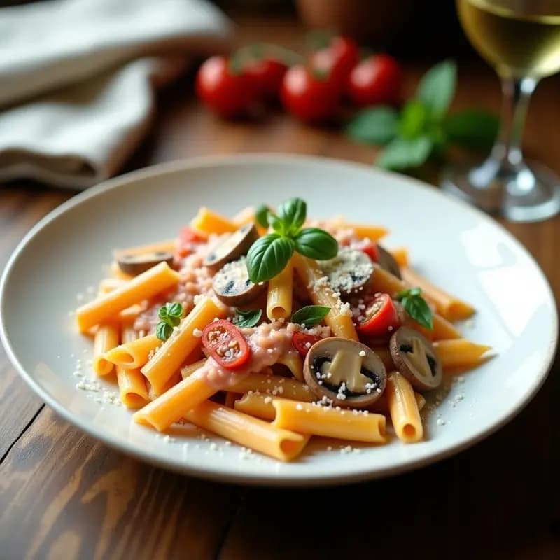 Penne alla Vodka con Champiñones y Tomates Secos: Receta Italiana Cremosa y Rápida