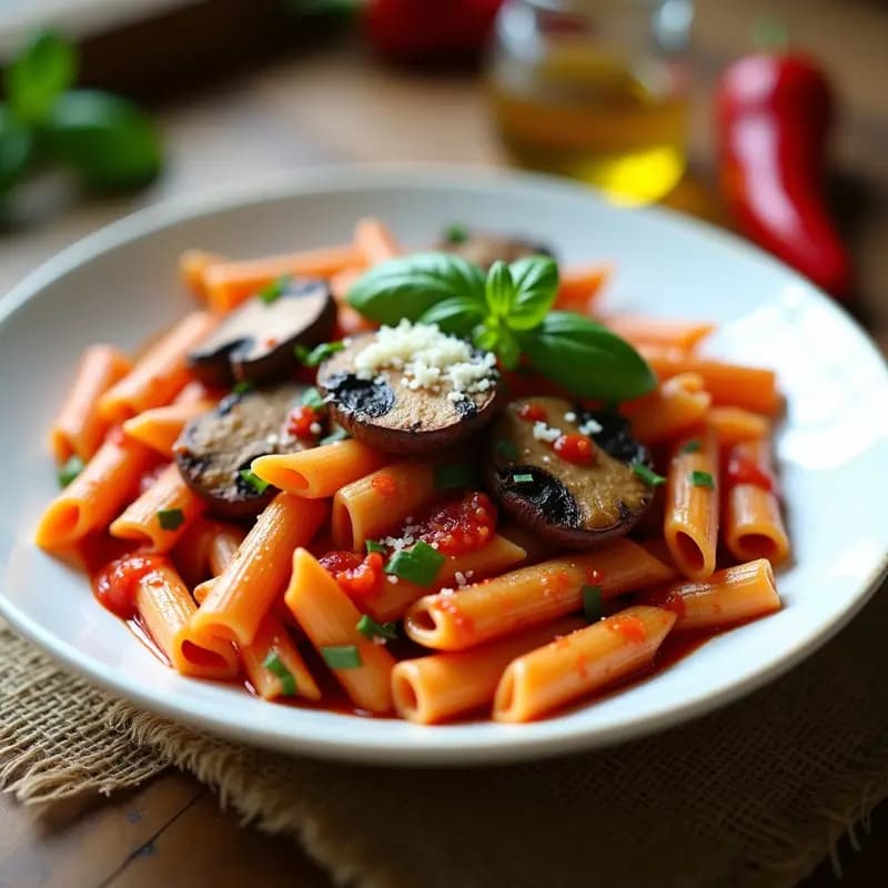 Penne al Arrabbiata con Champiñones Portobello: Receta Italiana Picante y Vegana