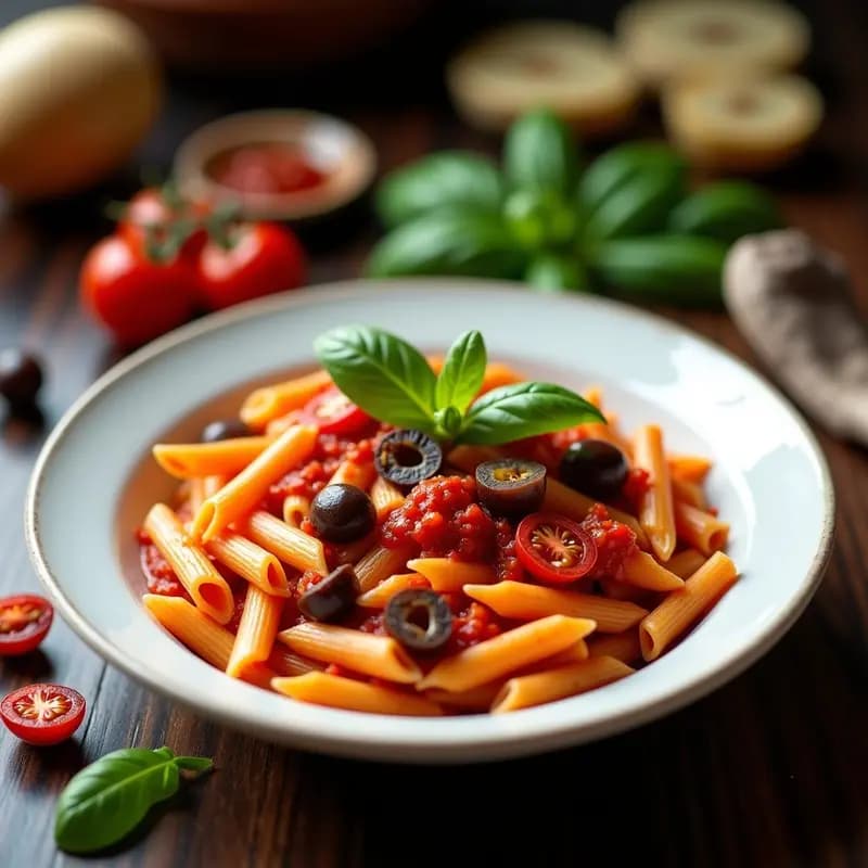 Penne al Arrabbiata con Tomates Secos y Aceitunas Kalamata: Receta Italiana Vegana y Rápida