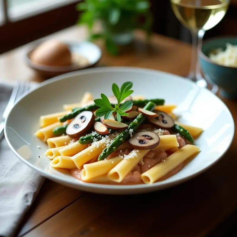 Pennes a la Vodka con champiñones y espárragos: Receta Italiana Cremosa y Elegante