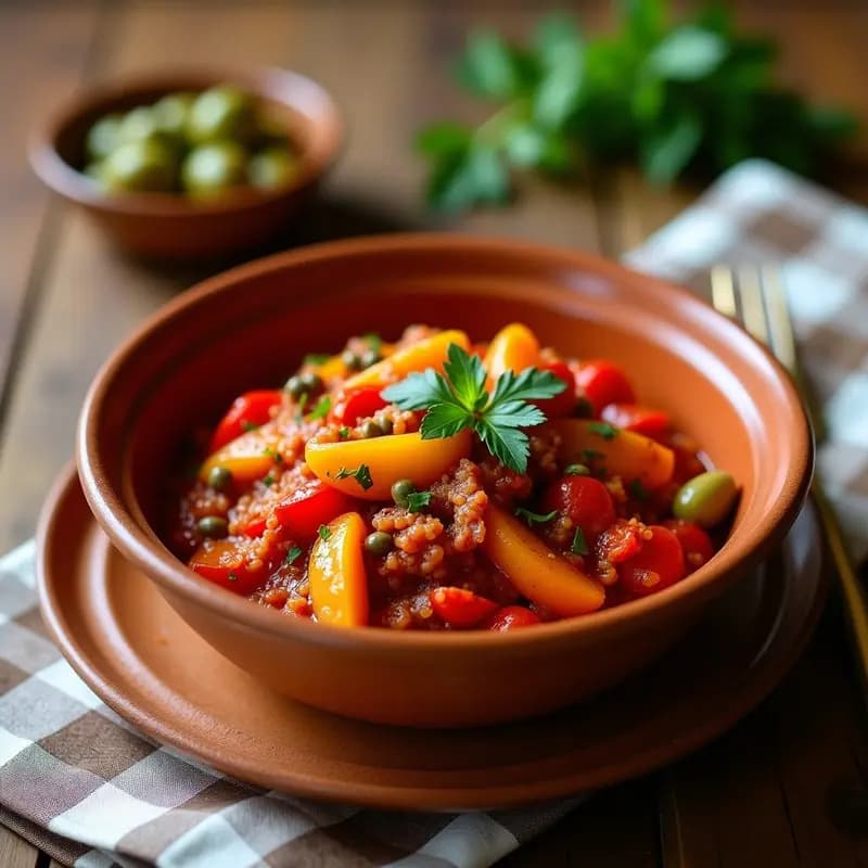 Peperonata con Panceta y Aceitunas: Receta Italiana de Verduras en Salsa para Tupper