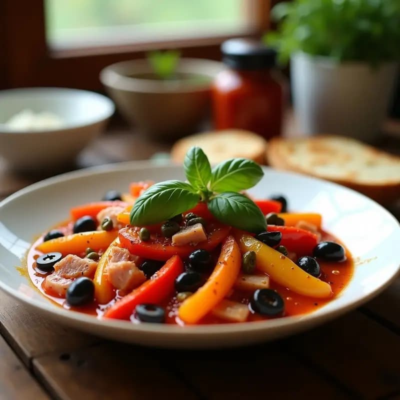 Peperonata con Pimientos Asados y Atún: Receta Italiana de Sicilia en Sartén Antiadherente
