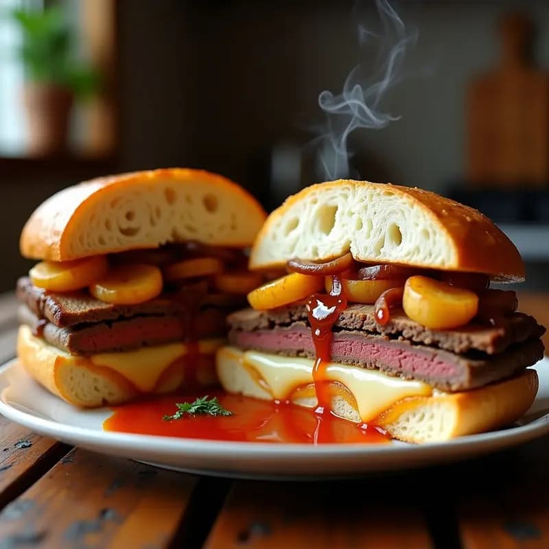 Pepito de ternera con queso fundido cebolla caramelizada y patatas panaderas: El Bocadillo Más Contundente