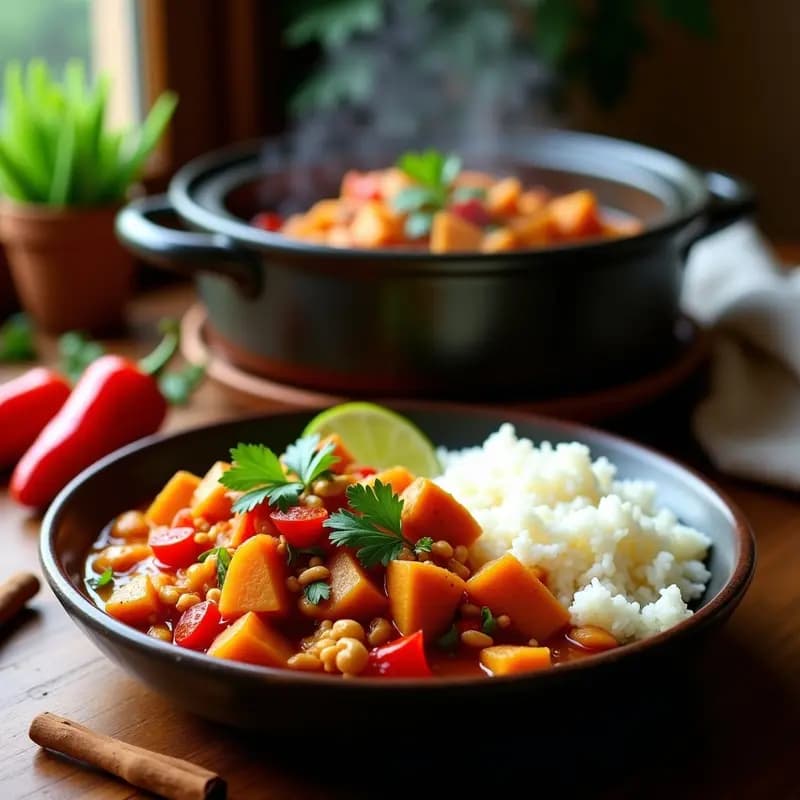 Pepper Pot Jamaicano de Jackfruit y Batata: Estofado Caribeño Vegano y Picante en Olla Lenta