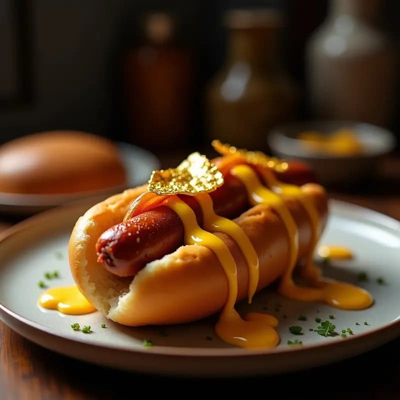 Perrito Caliente con Pan de Brioche, Frankfurters de Ganso y Mostaza de Miel con Oro Comestible: Lujo Callejero