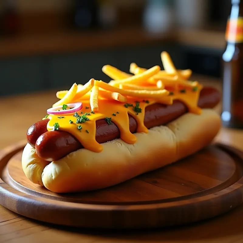 Perrito Caliente de 1 Metro con Salchichas Bratwurst, Queso Cheddar y Patatas Fritas: Récord de Cheat-Meal