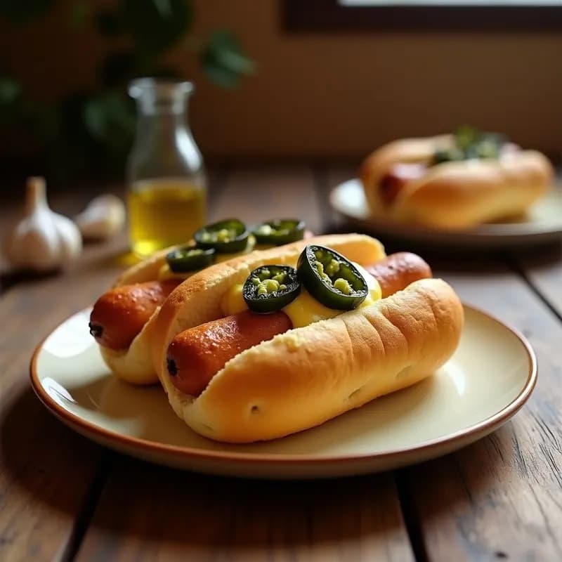 Perrito Caliente con Salchicha de Angulas, Salsa Alioli y Pimientos del Padrón: Receta Española Gourmet