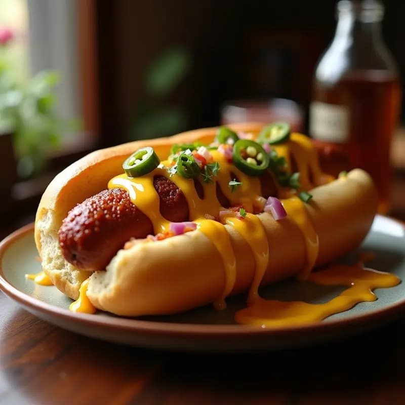 Perrito Caliente Gigante con Salchicha Bratwurst Bañado en Queso Cheddar y Salsa de Jalapeños y Miel