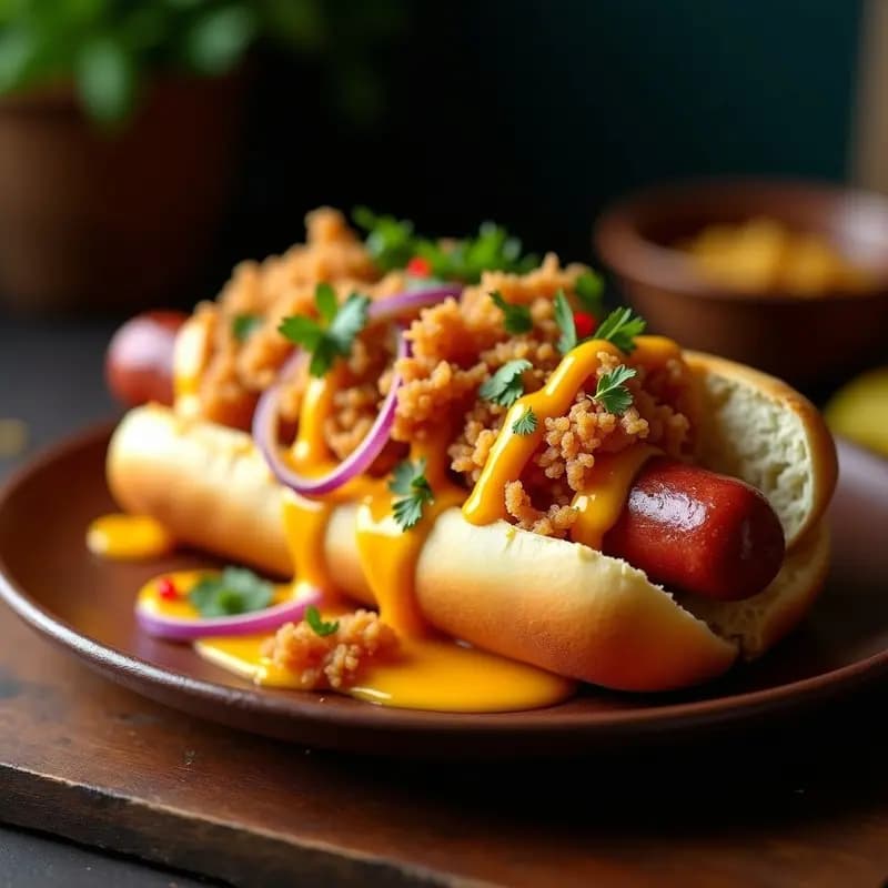 Perrito Caliente Extremo con Chicharrón, Queso Fundido y Salsa de Piña Picante: Fusión Colombiano-Hawaiana