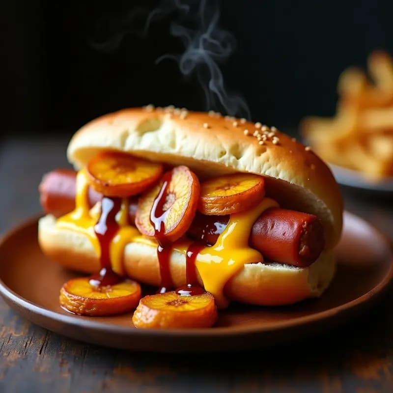 Perrito Caliente Cubano con Plátano Maduro Frito y Queso Fundido: Fusión Caribeña-Americana