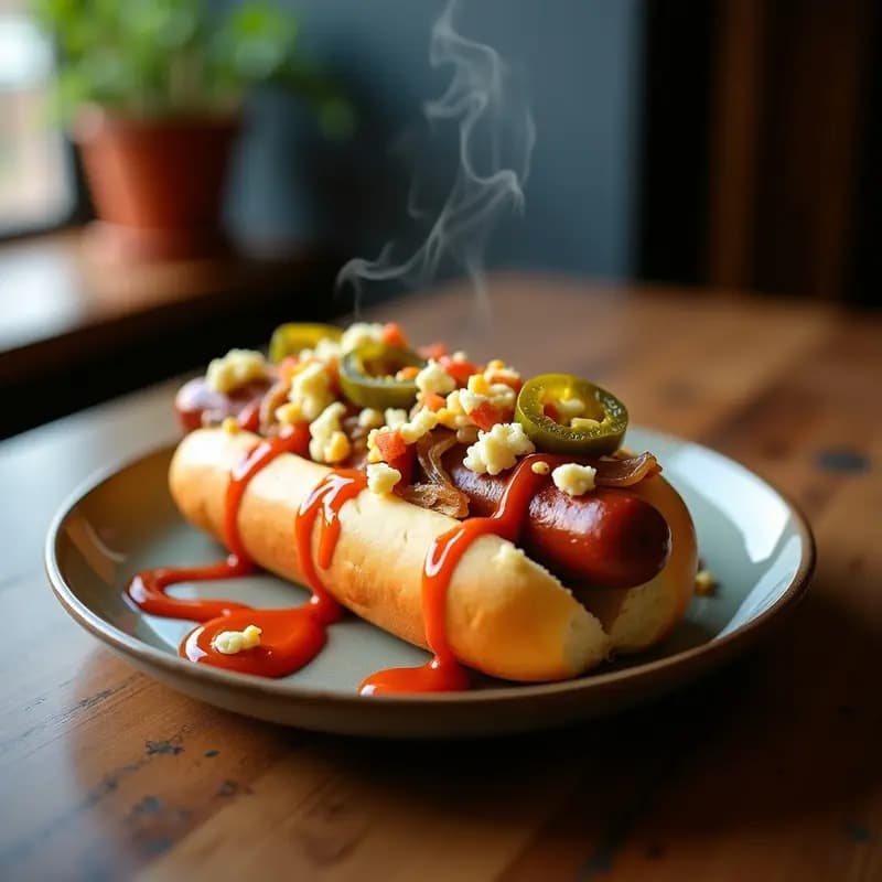 Perrito Caliente estilo Chicago con Mostaza, Cebolla, Pepinillos, Jalapeños, Queso Azul y Salsa de Tomate Picante