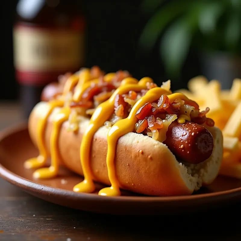 Perrito Caliente Gigante con Chucrut, Queso Cheddar Derretido y Salsa de Mostaza y Miel Picante: Receta Alemana Hipercalórica