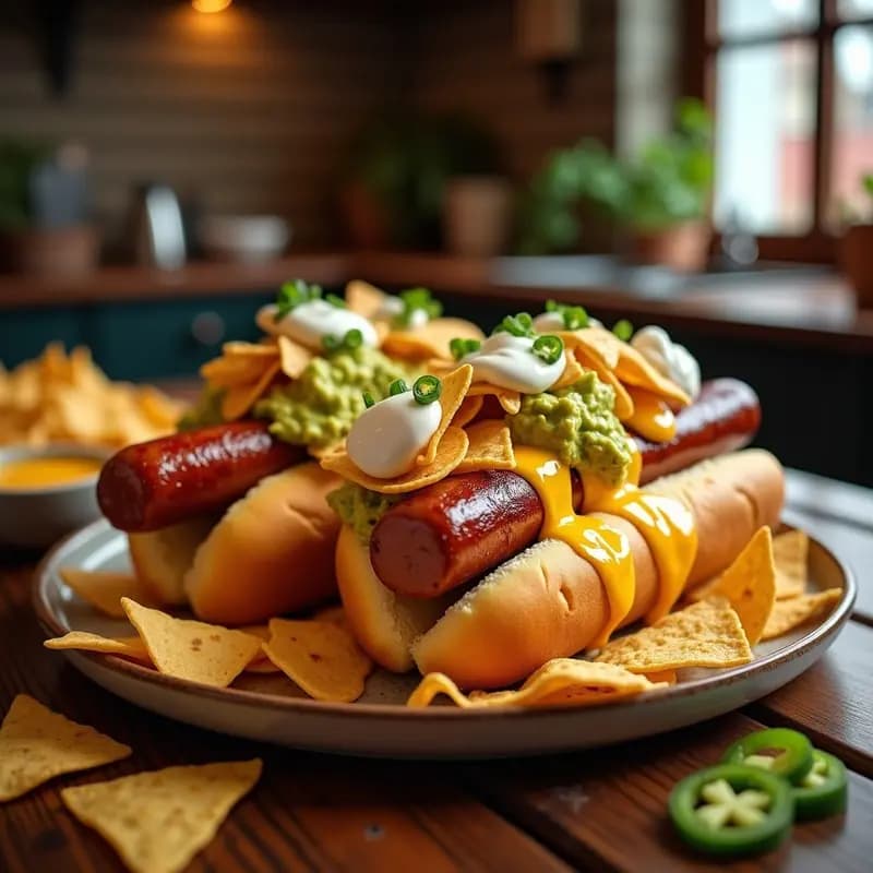 Perrito Caliente Gigante con Nachos y Queso Liquido: Receta de Hot Dog Tex-Mex con Guacamole y Jalapeños
