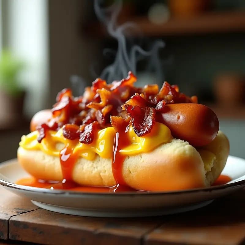 Perrito Caliente Gigante con puré de papas, queso derretido y salsa barbacoa picante: Receta para Comelones